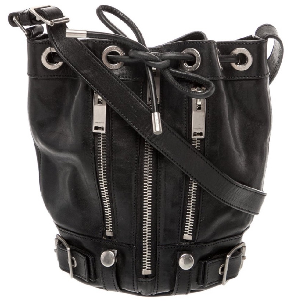 YSL Black Leather Bucket Bag Silver Belt Whimsigoth Crossbody Shoulder Goth EC